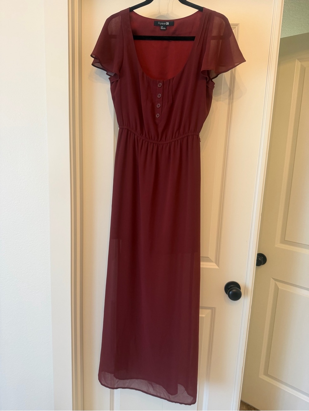 Forever 21 Burgundy Maxi Dress with Sheer Flutter Sleeves
